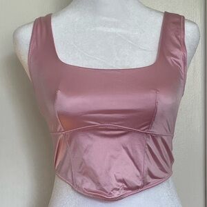 Pink satin corset top with mesh back